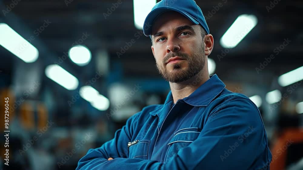 In a blue uniform, a repairman and technician performs auto garage services. In a blue uniform, a repairman and technician performs auto garage services.