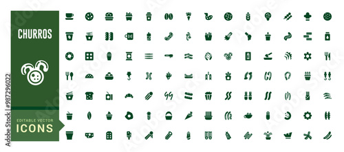 Churros icons set. Mexican chocolate. Churro food Filled icon set, glyph collection for web and ui. Solid icons Vector illustration.