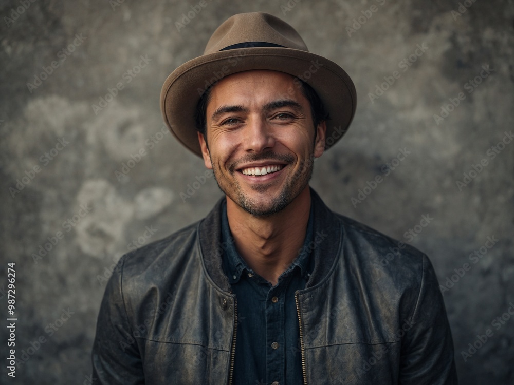 Middle-aged Caucasian man with short dark hair and beard, wearing brown hat and black jacket, smiling against blurred background Middle-aged Caucasian man with short dark hair and beard, wearing brown hat and black jacket, smiling against blurred background
