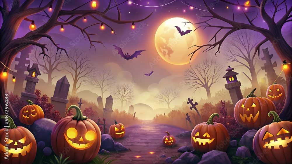 Enchanted Halloween graveyard with glowing pumpkins and full moon Enchanted Halloween graveyard with glowing pumpkins and full moon