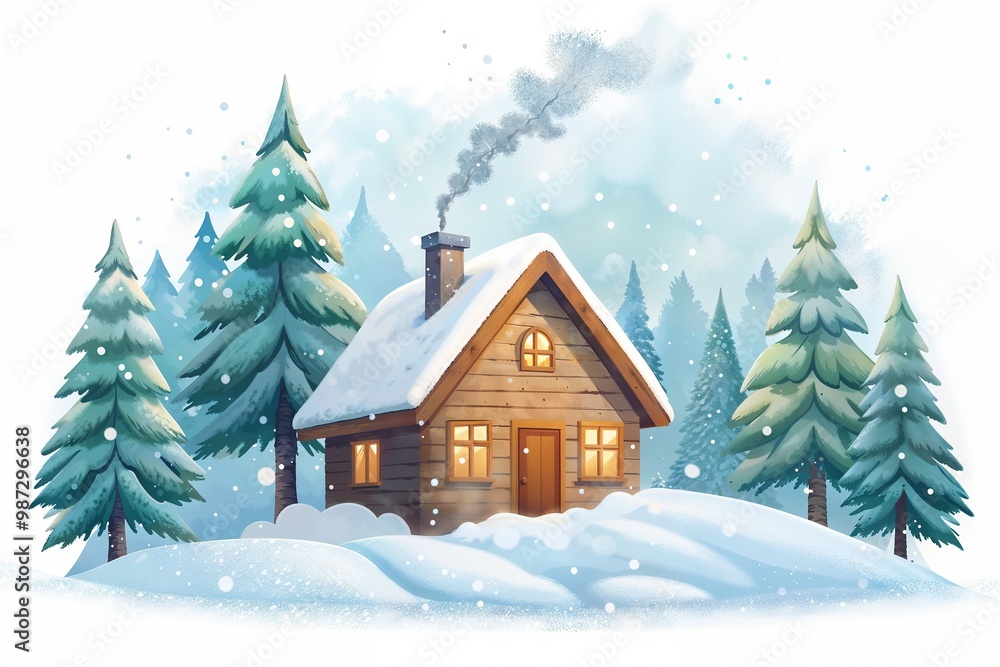 Naklejka premium Cozy winter cabin in snowy forest with warm glow against pine trees