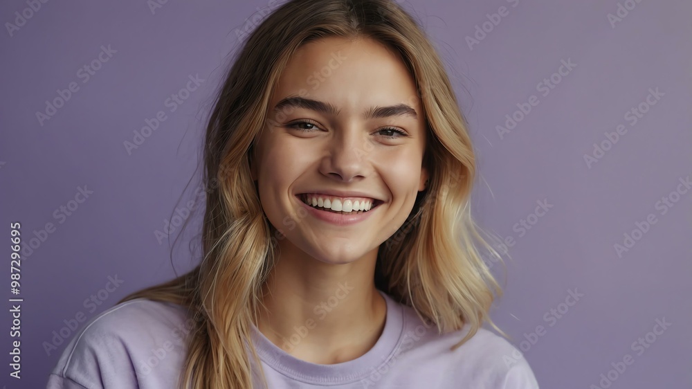 Fototapeta premium teenage caucasian woman on pastel purple background model close-up smiling with beautiful teeth for ad concept space for text