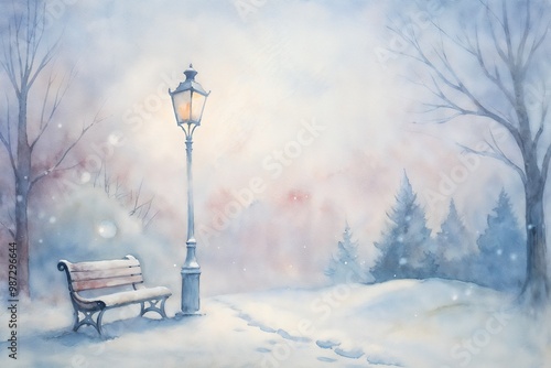 Snowy winter park scene with lamp post and bench against misty background