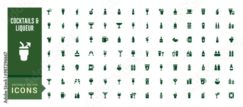 Cocktail and liqueur solid icon set, flat symbol, glass. Bottle and more, filled icons for web and ui. Vector illustration.