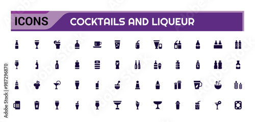 Cocktail and liqueur solid icon set, flat symbol, glass. Bottle and more, filled icons for web and ui. Vector illustration.