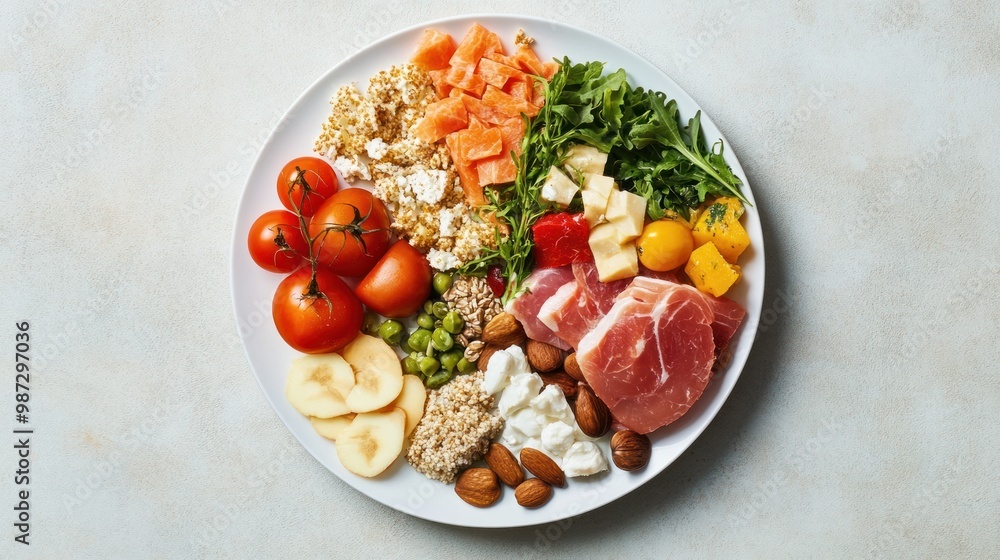 A balanced diet plate with an even distribution of proteins, healthy fats, and carbohydrates, ensuring complete nutrition A balanced diet plate with an even distribution of proteins, healthy fats, and carbohydrates, ensuring complete nutrition