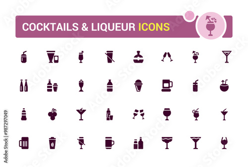 Cocktail and liqueur solid icon set, flat symbol, glass. Bottle and more, filled icons for web and ui. Vector illustration.