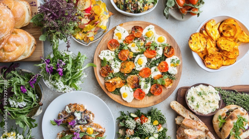 A beautifully prepared organic food spread featuring vibrant, fresh vegetables and sustainable ingredients from local farms A beautifully prepared organic food spread featuring vibrant, fresh vegetables and sustainable ingredients from local farms