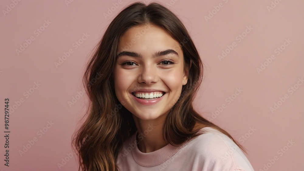 Obraz premium teenage american woman on pastel pink background model close-up smiling with beautiful teeth for ad concept space for text
