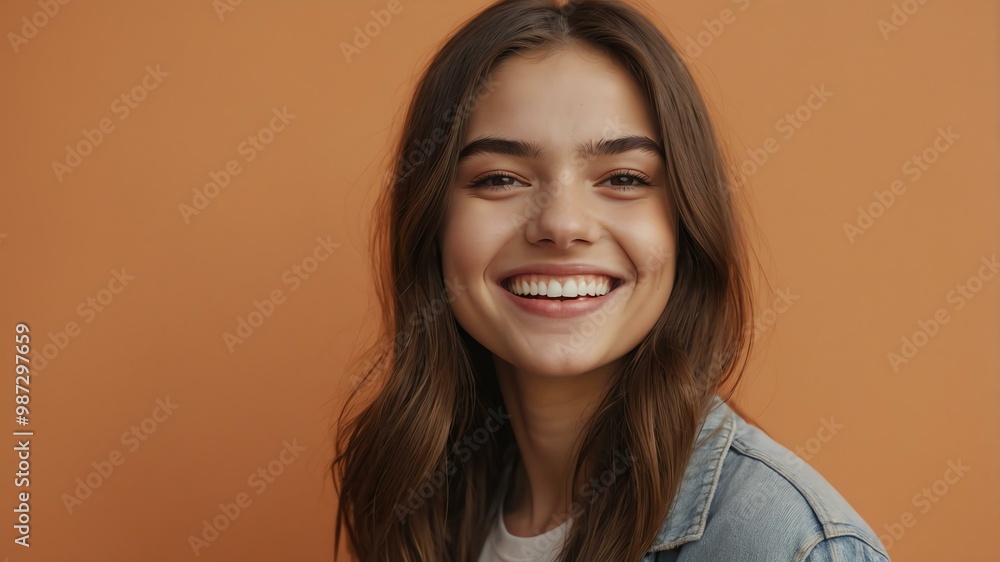 Fototapeta premium teenage american woman on pastel orange background model close-up smiling with beautiful teeth for ad concept space for text