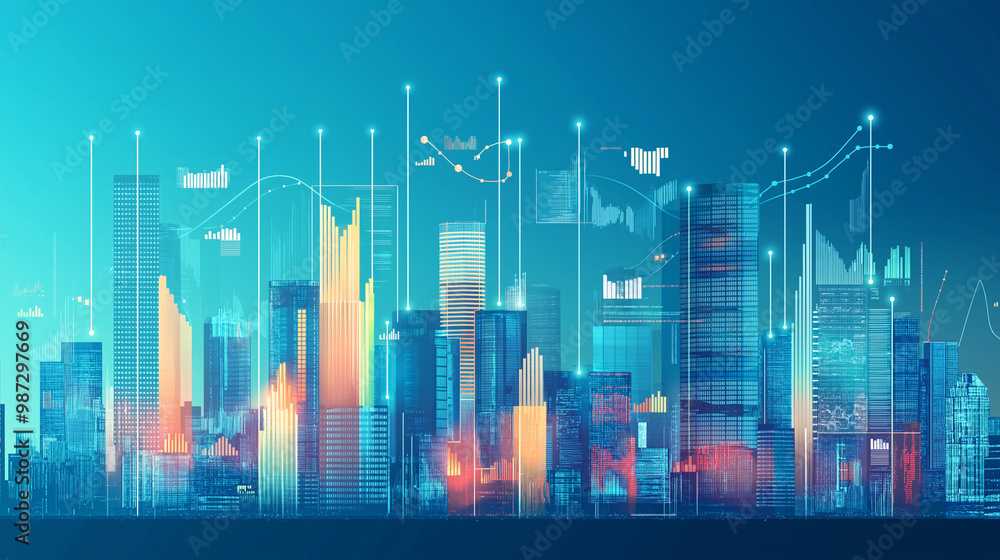 Naklejka premium City skyline with skyscrapers where building facades display business graphs and trend