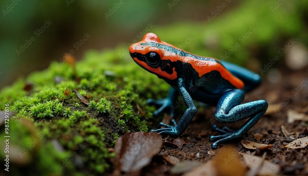 Fototapeta premium Colorful poison dart frog perched on mossy ground in tropical rainforest environment