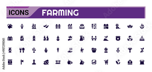 Farming solid icons set. Related to wheelbarrow, rake, shovel, glyph collection for web and ui. Filled icon pack. Vector illustration.