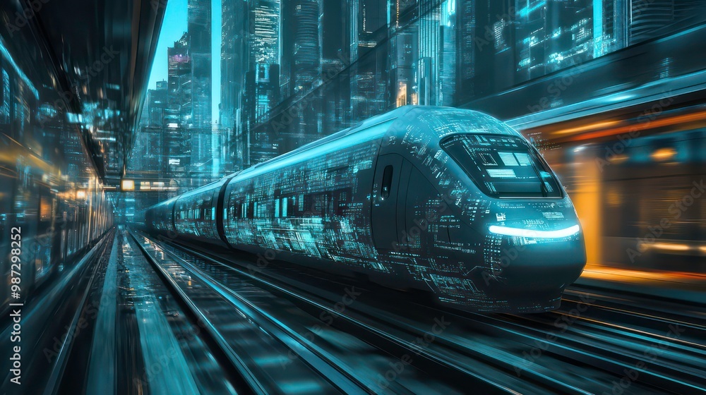 Naklejka premium Futuristic high-speed train travelling through a city at night.