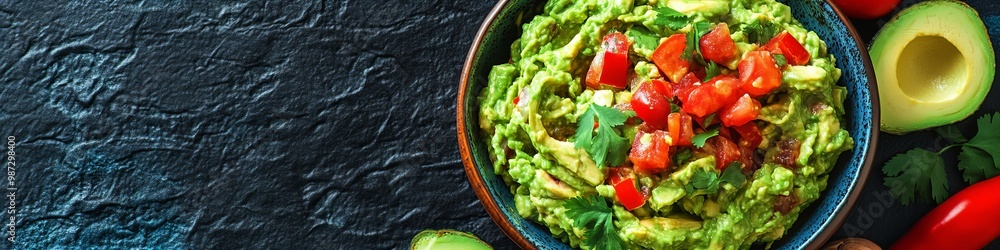 Mexican guacamole, top view with copy space Mexican guacamole, top view with copy space
