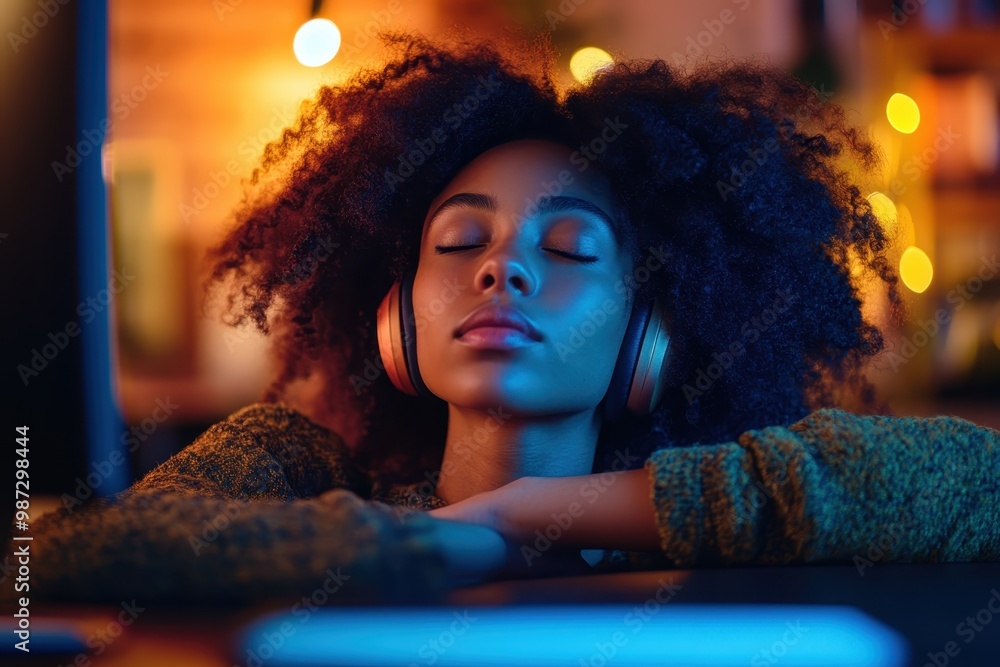 Zen at Work: Female Employee Using Headphones to Block Out Noise and Manage Stress Through Meditation and Focus Zen at Work: Female Employee Using Headphones to Block Out Noise and Manage Stress Through Meditation and Focus