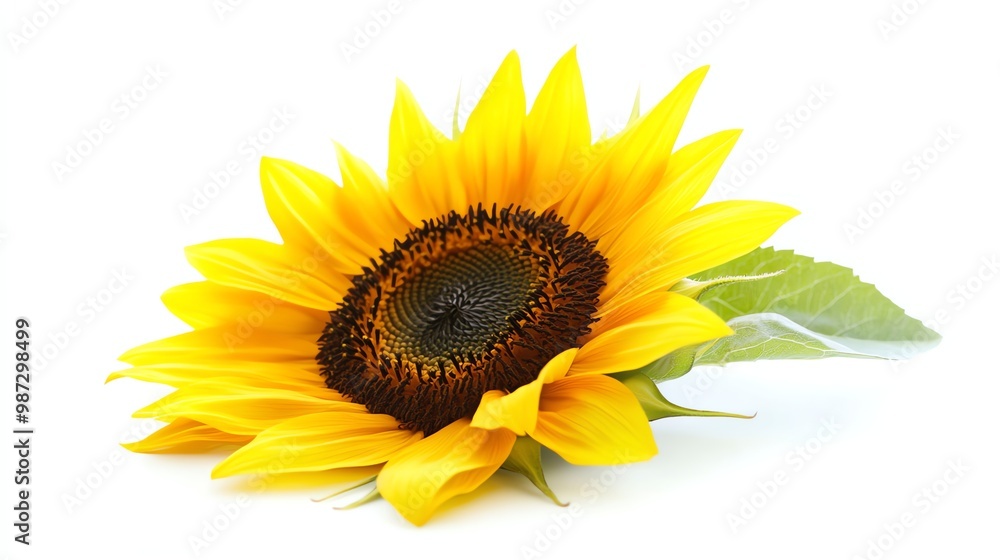 Fototapeta premium A single sunflower isolated on a white background.