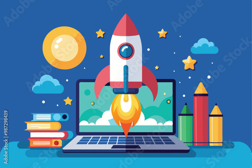 A rocket propels into the air, surrounded by drifting money and other objects, embodying aspirations of wealth and discovery.