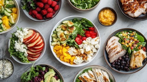 A clean-eating spread with colorful salads, fresh fruits, and lean proteins, ensuring all-natural ingredients are at the forefront