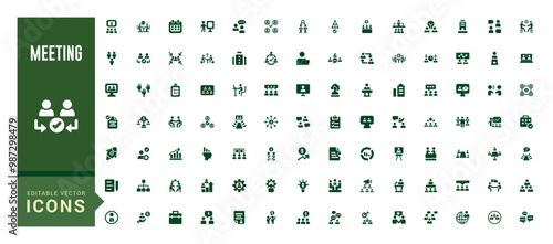 Meeting icons set. Solid set of online meeting vector icons for ui design. Glyph icon for web and ui. Filled icon set. Vector illustration.