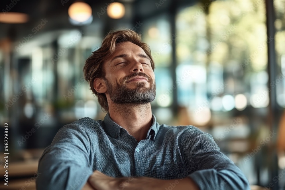 Breathing Break: Employee Relaxing by the Window to Ease Workplace Stress Breathing Break: Employee Relaxing by the Window to Ease Workplace Stress
