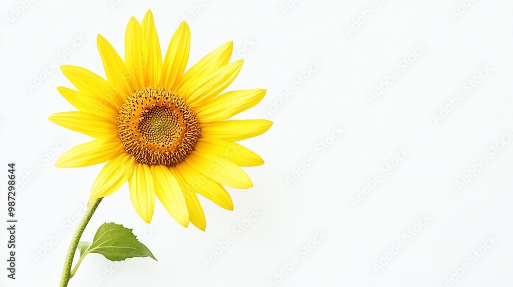 Naklejka premium A single sunflower with green leaves on a white background.