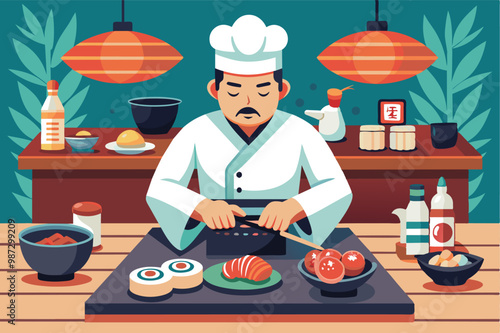 A chef prepares sushi on a cutting board, focusing on the intricate process of rolling and slicing fresh ingredients.