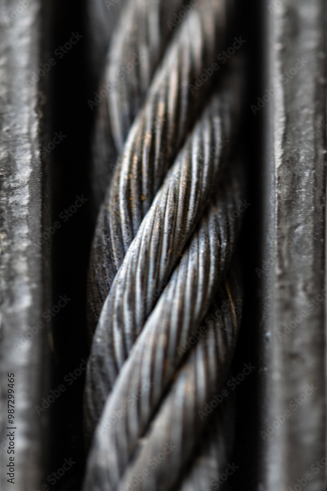 Detailed macro view of iron cable rope (Cable sling drum reels). Steel wire cable or rope for heavy industrial construction technology, Pattern Of Wire rope texture, Space for text, Selective Focus.