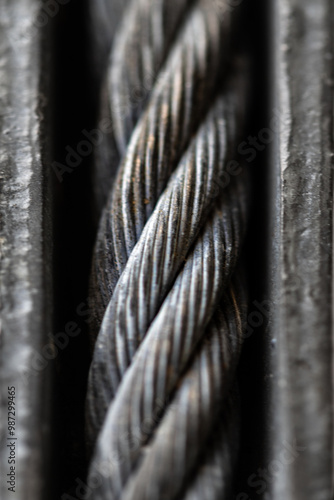Obraz na płótnie Detailed macro view of iron cable rope (Cable sling drum reels). Steel wire cable or rope for heavy industrial construction technology, Pattern Of Wire rope texture, Space for text, Selective Focus. w salonie