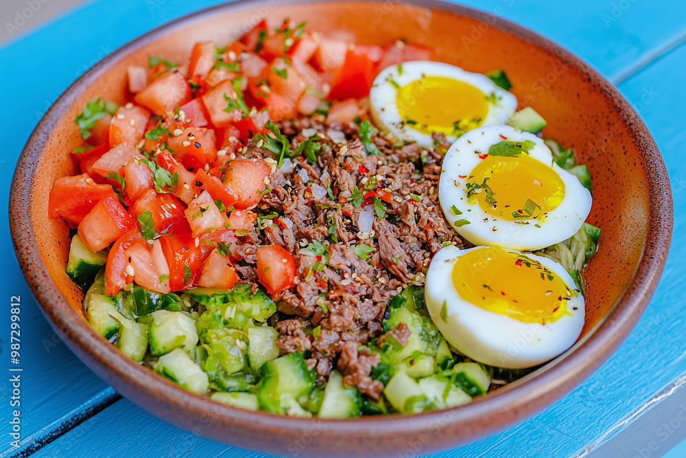 an inviting bowl of ramen with beef, garnished with vibrant vegetables and eggs, placed on a blue wooden table an inviting bowl of ramen with beef, garnished with vibrant vegetables and eggs, placed on a blue wooden table