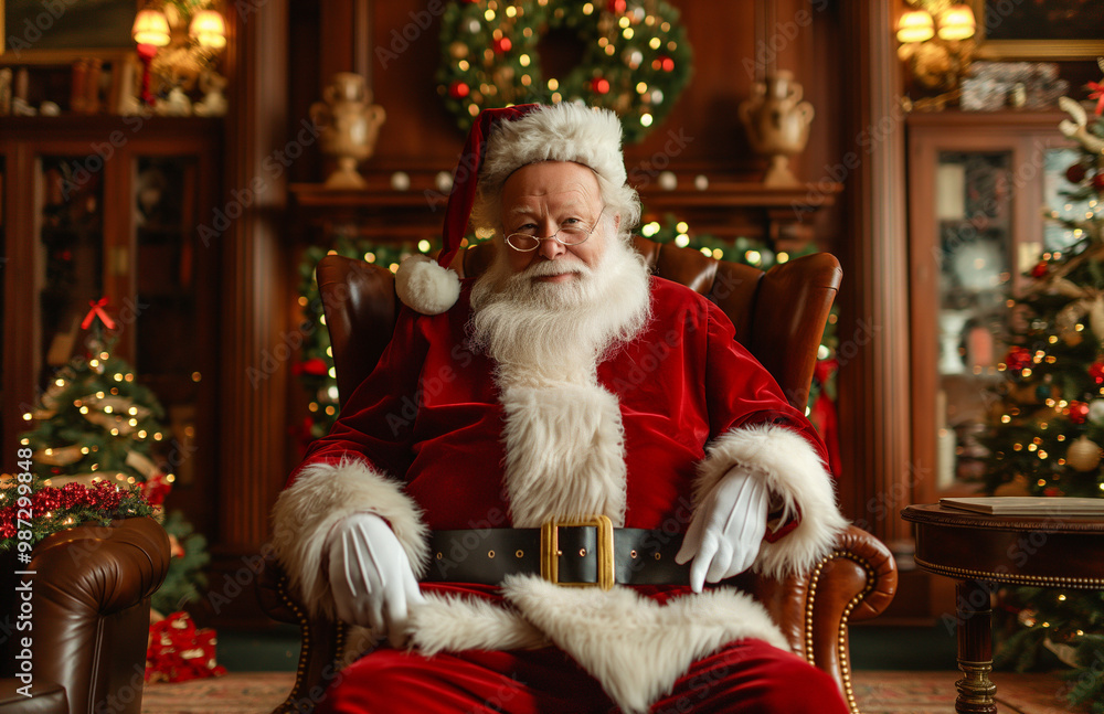 Santa Claus sits in a chair next to a Christmas tree Santa Claus sits in a chair next to a Christmas tree