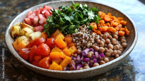 A delicious plant-based meal with colorful vegetables, grains, and protein-rich legumes, ideal for a clean, nutritious diet