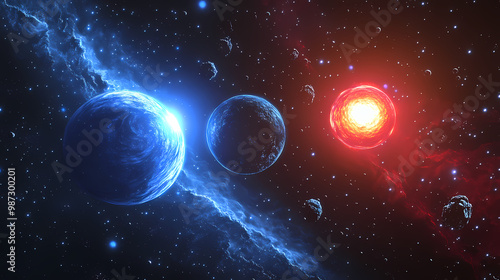 Generative AI, Distant Solar System with Blue and Red Suns