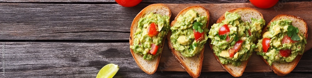 toast with guacamole, top view banner with copy space toast with guacamole, top view banner with copy space