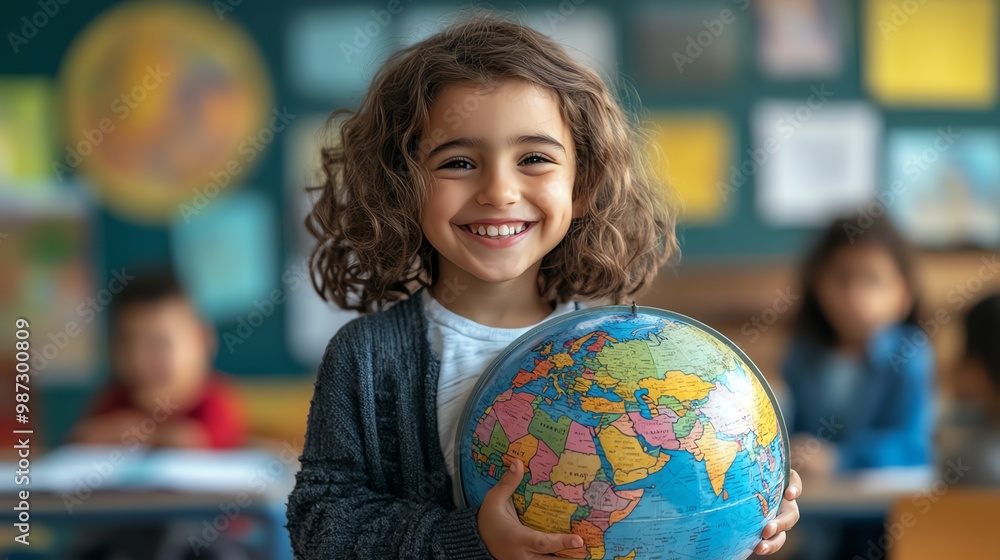 A young girl smiles while holding a globe in a classroom setting. A young girl smiles while holding a globe in a classroom setting.