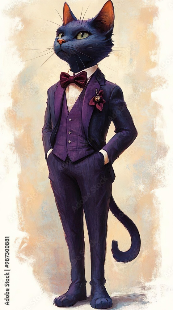 Naklejka premium Elegant portrait of a purple feline in fashionable burgundy attire