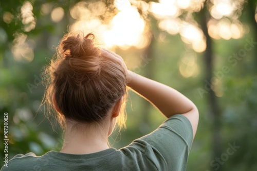 Serene Plus-Size Woman Birdwatching in Tranquil Woodland Environment, Embracing Nature's Peaceful Aura