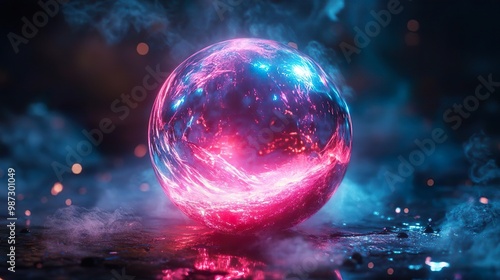 Mystical energy sphere crystal ball glowing with pink and blue lights