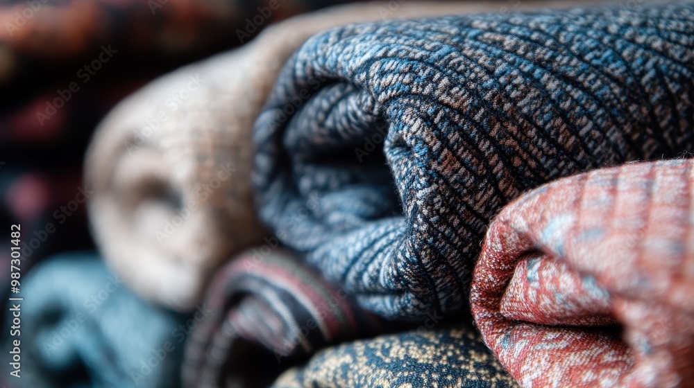 A close-up shot of several rolled fabrics with different textures, colors, and patterns, showcasing a rich array of textile designs, perfect for fashion and interior design projects. A close-up shot of several rolled fabrics with different textures, colors, and patterns, showcasing a rich array of textile designs, perfect for fashion and interior design projects.