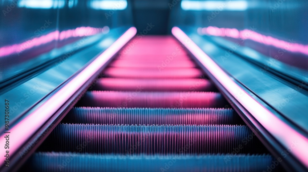 A close-up view of an escalator adorned with vibrant pink and blue lighting, creating an energetic and visually stimulating scene that embodies urban modernity. A close-up view of an escalator adorned with vibrant pink and blue lighting, creating an energetic and visually stimulating scene that embodies urban modernity.