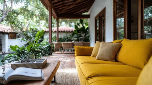 A contemporary patio featuring a vibrant yellow sofa, a wooden coffee table with an open book, surrounded by lush greenery and tranquil outdoor ambiance.