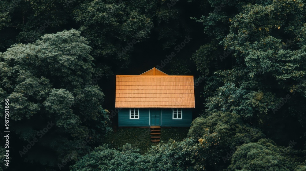 A house with an orange roof nestled in a dense green forest. The tranquil setting highlights the beauty of nature and the peaceful isolation of this remote home. A house with an orange roof nestled in a dense green forest. The tranquil setting highlights the beauty of nature and the peaceful isolation of this remote home.