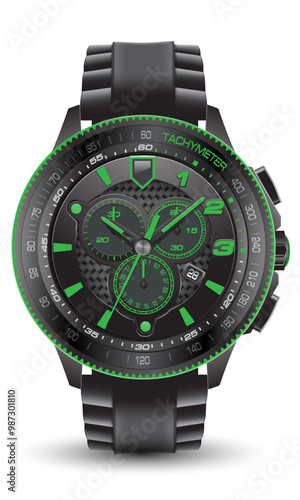 Realistic watch chronograph steel black rubber clockwise green arrow number fashion for men design luxury isolated vector