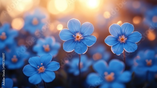 Blue Flowers in a Field at Sunset