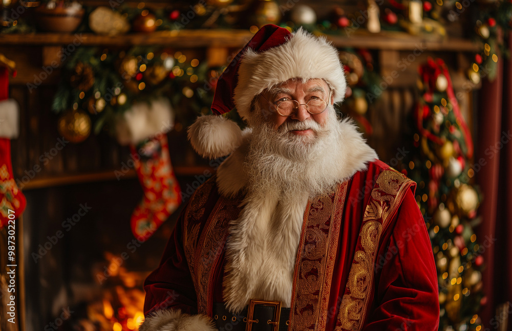 Santa Claus sits in a chair next to a Christmas tree Santa Claus sits in a chair next to a Christmas tree