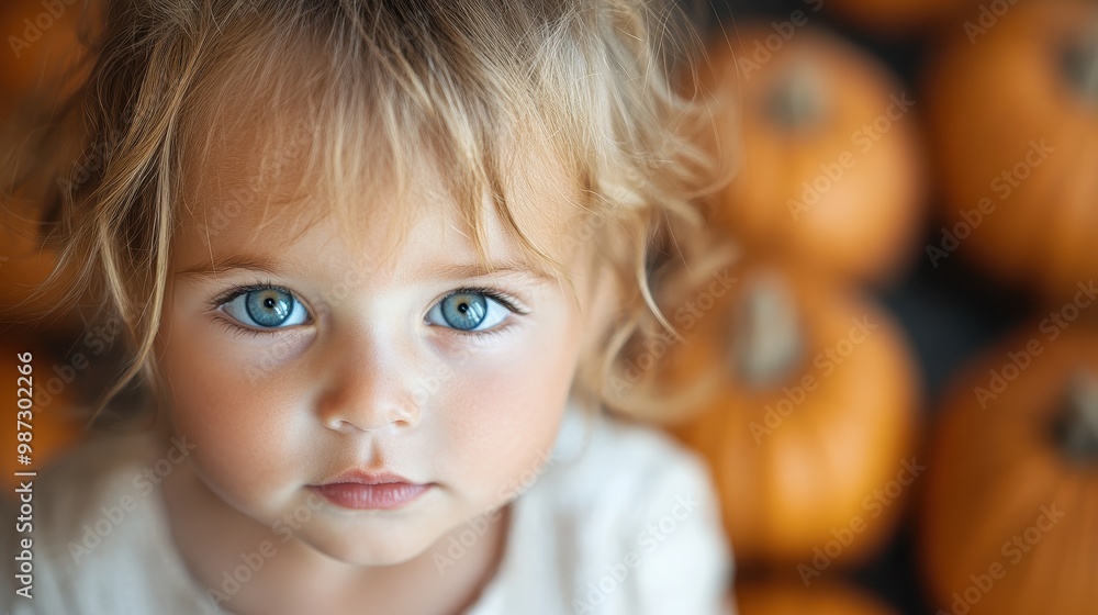 A young girl with striking blue eyes gazes seriously at the camera, surrounded by several small pumpkins, capturing innocence and curiosity beautifully. A young girl with striking blue eyes gazes seriously at the camera, surrounded by several small pumpkins, capturing innocence and curiosity beautifully.