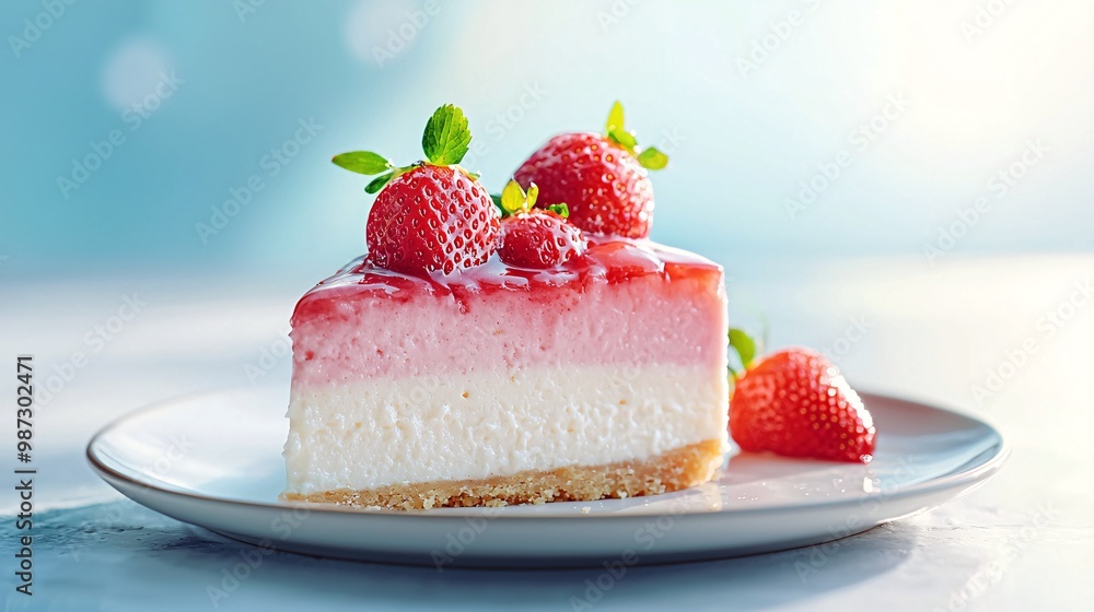 Delectable Strawberry Cheesecake Slice on a White Plate in Sunlit Setting Delectable Strawberry Cheesecake Slice on a White Plate in Sunlit Setting