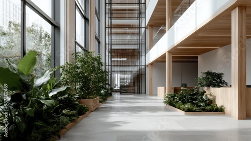 A spacious, modern atrium adorned with green plants and wooden finishes, filled with natural light from its large windows, creating a serene and welcoming environment.