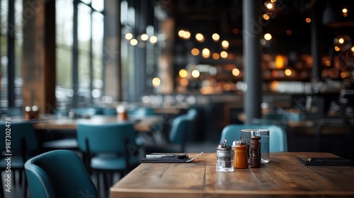 Fototapeta Naklejka Na Ścianę i Meble -  A modern restaurant interior showcasing stylish wooden tables and comfortable cushioned chairs, lit by warm ambient lighting, creating a welcoming and cozy dining ambiance.