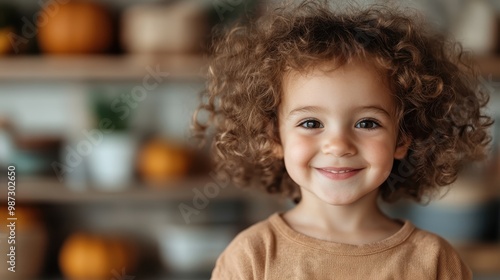 A toddler with soft curls and a mellow brown outfit smiles sweetly at the camera amidst a domestic layout that enhances warmth and familial comfort.